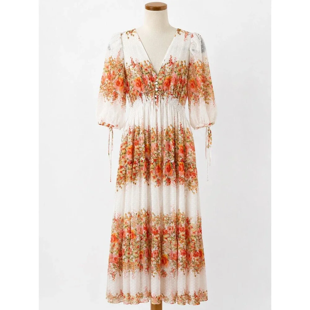 Women's Taylor Floral Striped Swiss-Dot Chiffon Cottagecore Maxi Dress Size 6 - Picture 1 of 8
